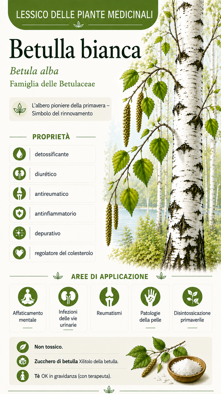 Betulla bianca (Betula alba): proprietà, uso ed effetti