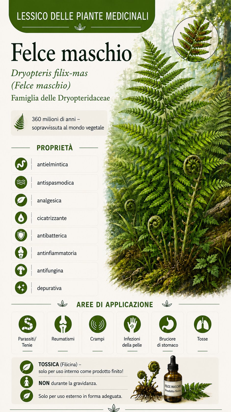 Felce maschio (Dryopteris filix-mas): proprietà, uso ed effetti