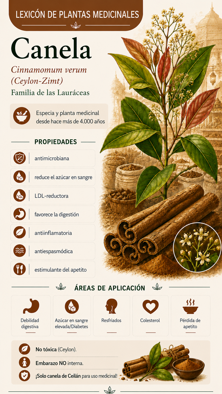 Canela (Cinnamomum verum): propiedades, usos y efectos