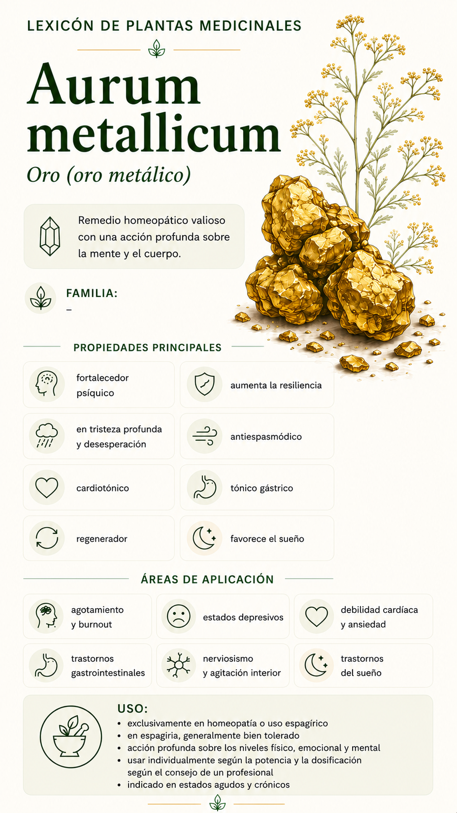 Aurum metallicum: propiedades, uso y efectos