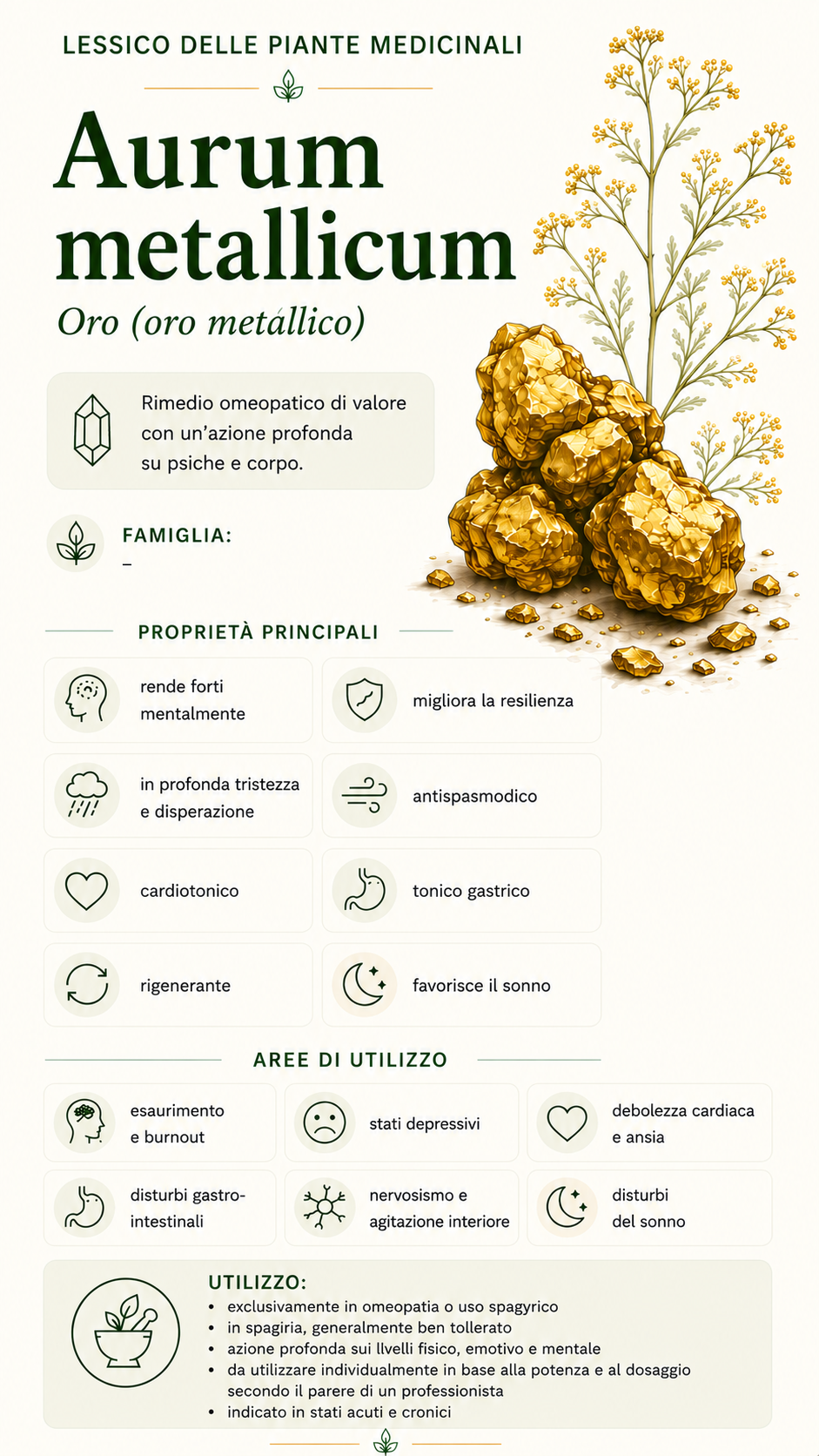 Aurum metallicum: proprietà, uso ed effetti