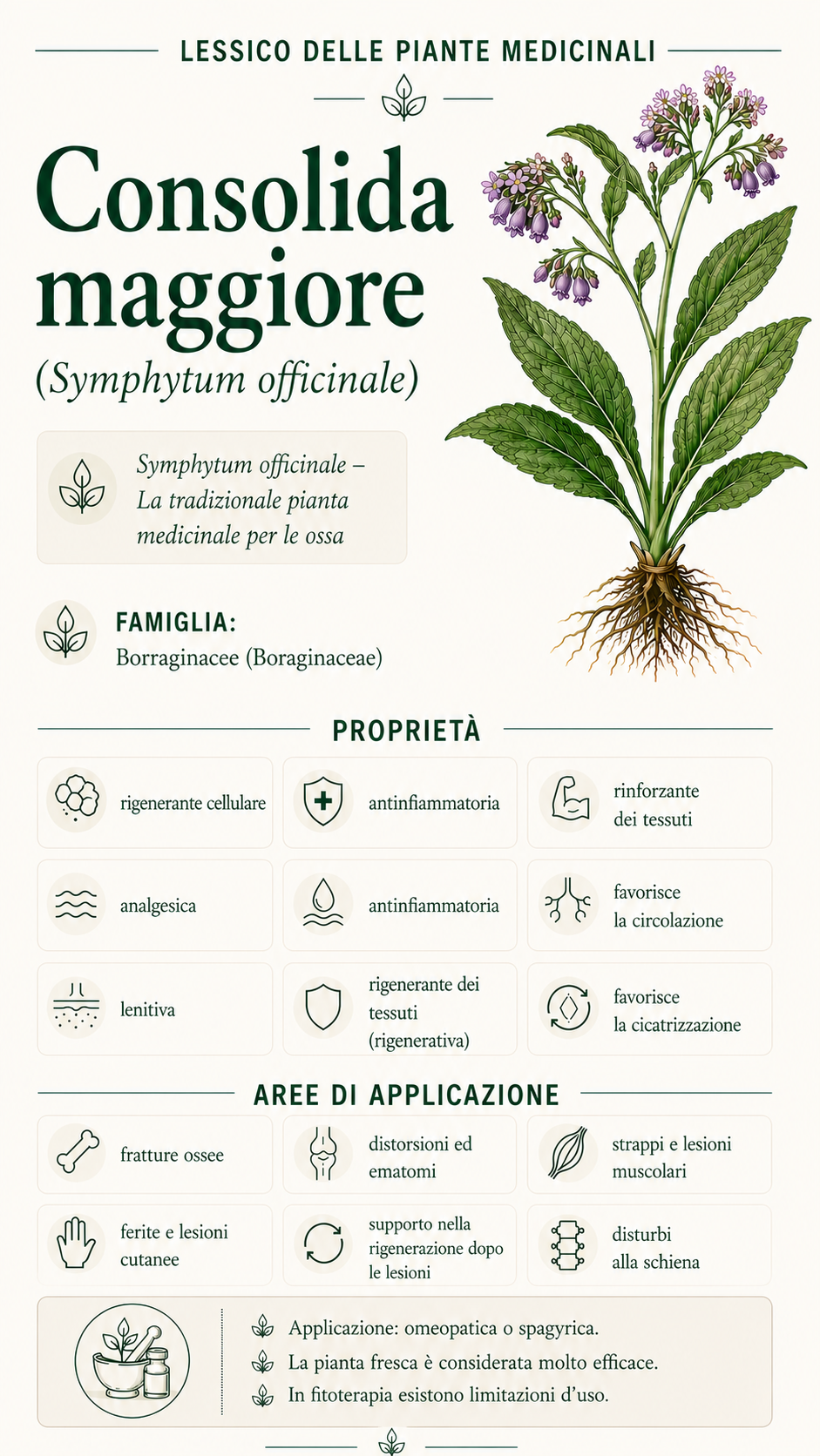 Consolida maggiore: proprietà, uso ed effetti