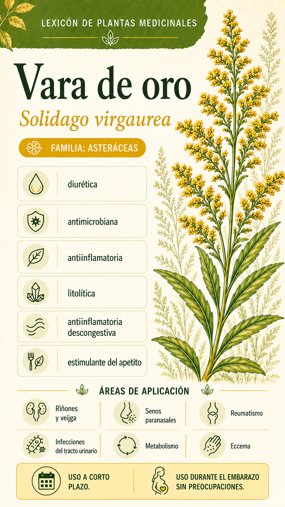 Vara de oro: propiedades, usos y efectos