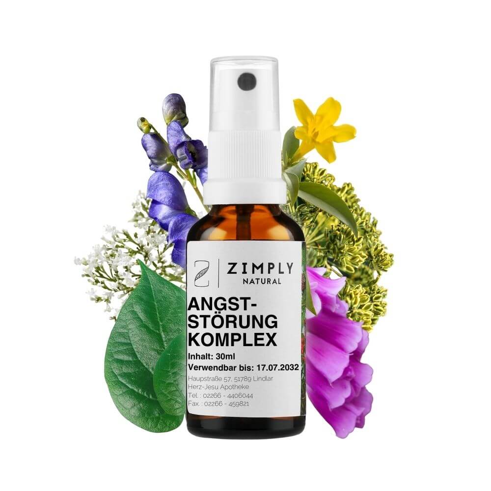 Anxiety disorder complex as brown flakes with spraying head by Zimply Natural with medicinal plants in the background such as aconite, caraway, red foxglove, wild jasmine, kava-kava, valerian