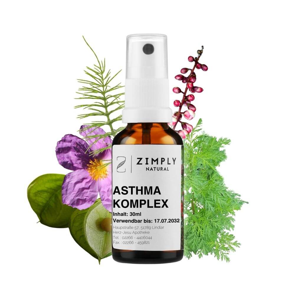 Asthma complex as brown flakes with spray head from Zimply Natural with medicinal plants in the background such as American spikenard, annual mugwort, balloon plant, rockrose, horsetail