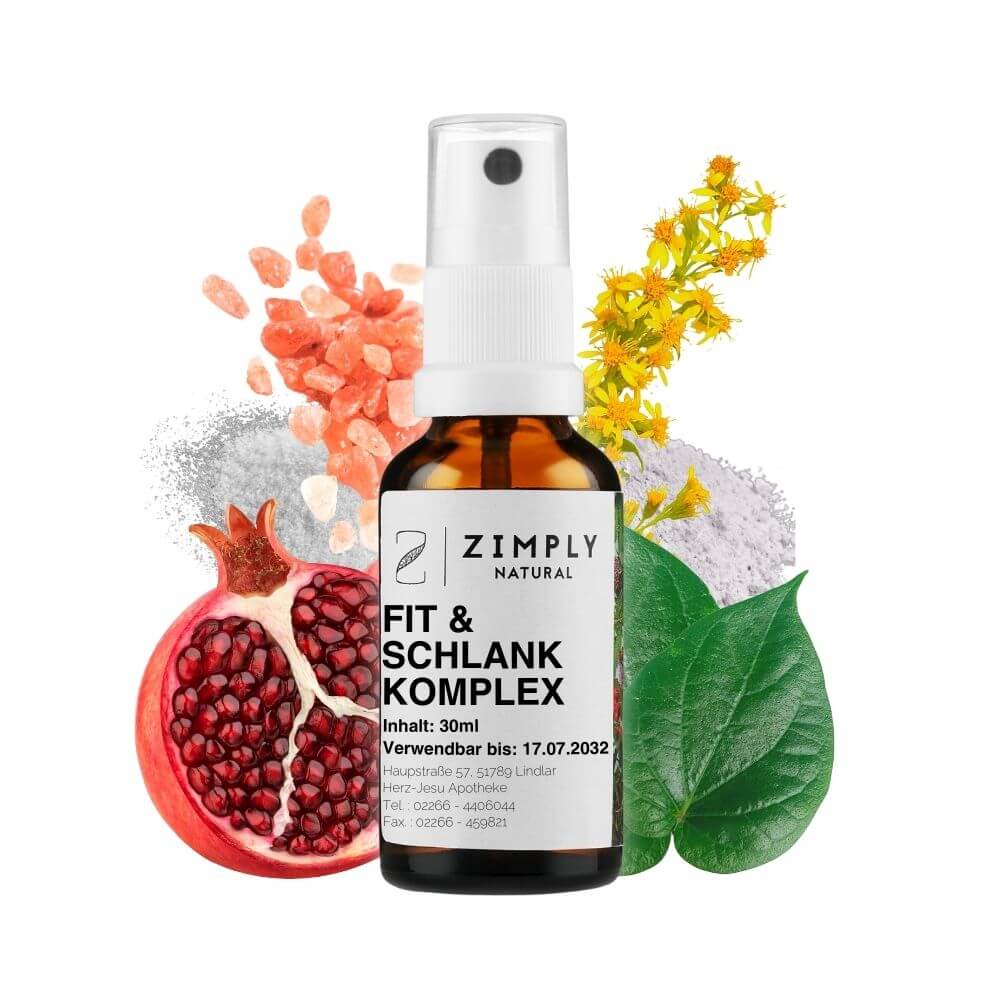 Fit & Slim Complex as brown flakes with Zimply Natural spraying head and medicinal plants in the background such as pomegranate, potassium salt, sodium phosphate, Glauber's salt, kava kava, goldenrod