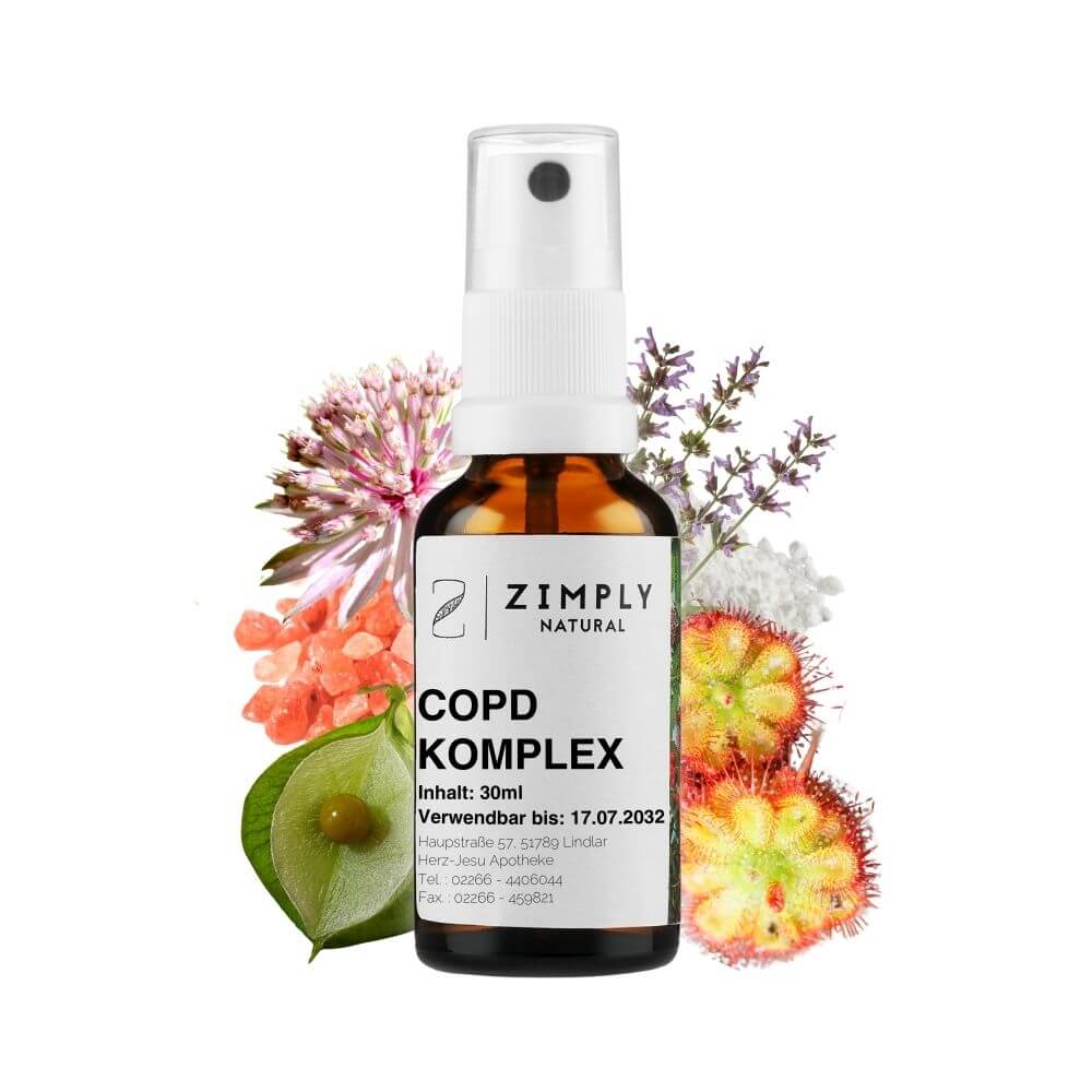 COPD complex as brown flakes with spray head from Zimply Natural with medicinal plants in the background such as potassium sulphate, potassium salt, balloon plant, masterwort, true sage, sundew
