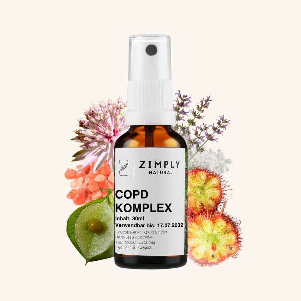 COPD complex as brown flakes with spray head from Zimply Natural with medicinal plants in the background such as potassium sulphate, potassium salt, balloon plant, masterwort, true sage, sundew, with beige background