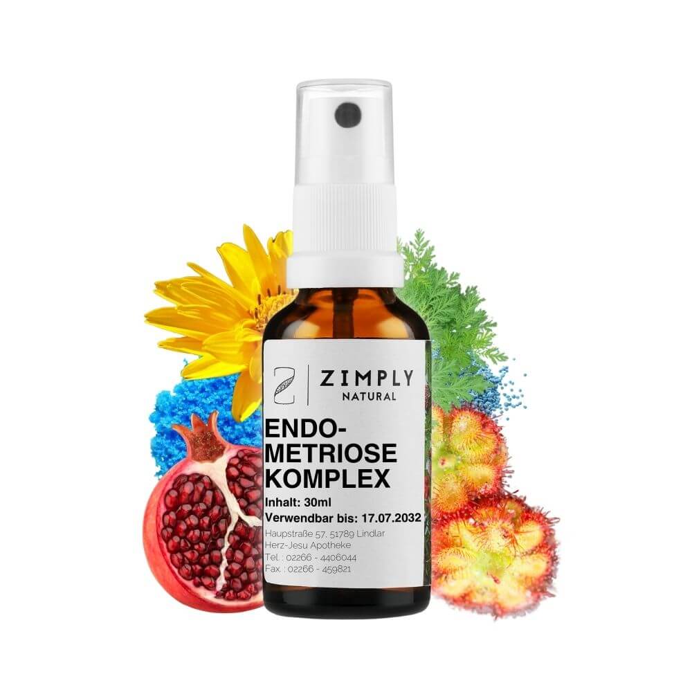 Endometriosis complex as brown flakes with spray head from Zimply Natural with medicinal plants in the background such as arnica, annual mugwort, calcium phosphate, coloquinte, cuprum sulfuricum, sundew, iron blue, pomegranate, Canadian turmeric, magnesium