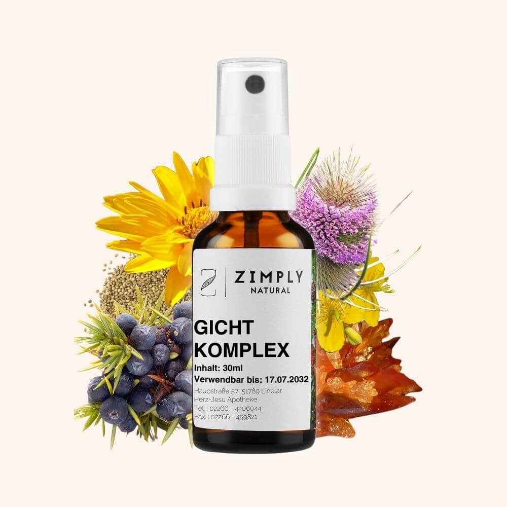 Gout complex as a brown flake with spray head from Zimply Natural with medicinal plants in the background such as arnica, hemp seeds, celandine, wild teasel, juniper, tartar, with a beige background