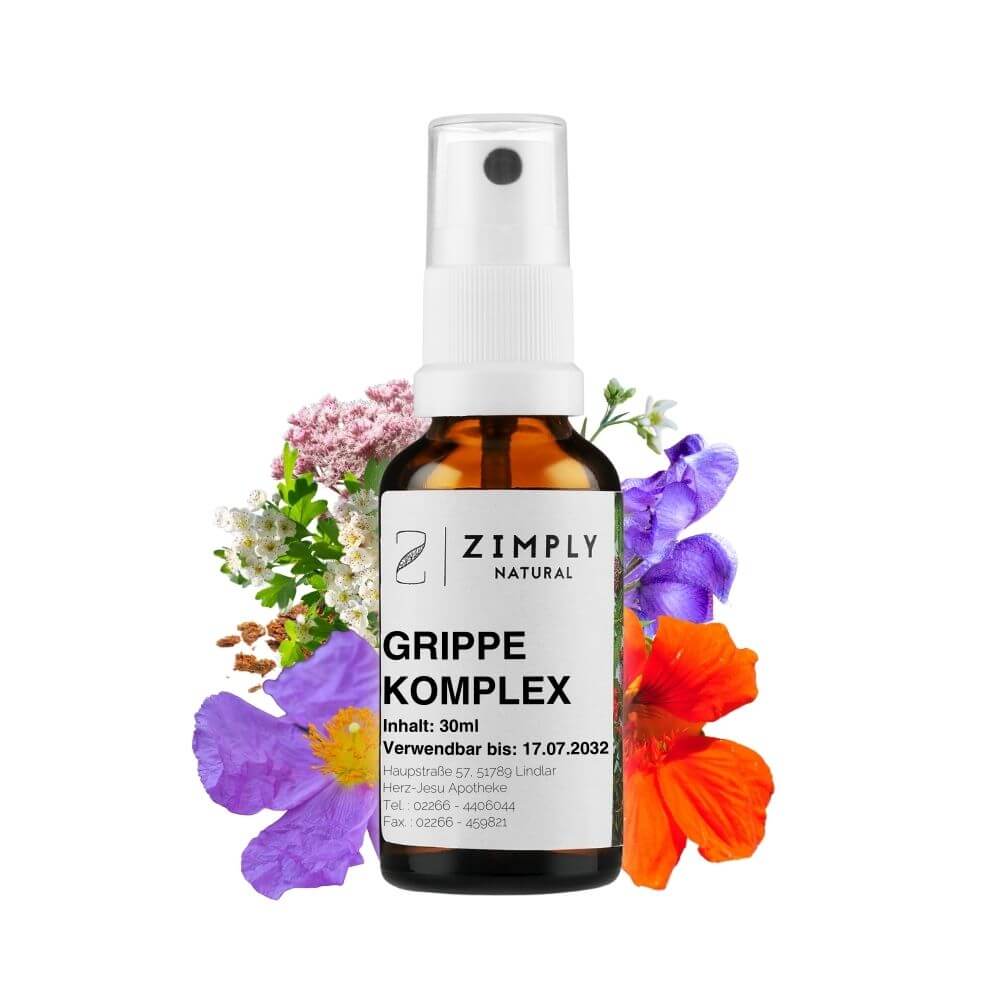 Flu complex as brown flakes with spraying head from Zimply Natural with medicinal plants in the background such as aconite, gray-haired rockrose, hawthorn, water hemp, mercury, propolis, nasturtium, swallowwort