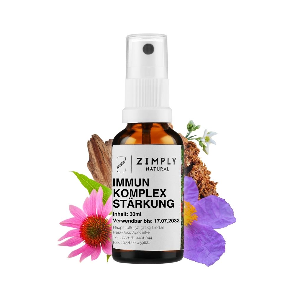 Immune complex strengthening as brown flakes with spray head from Zimply Natural with medicinal plants in the background such as gray-haired rockrose, swallowwort, propolis, okoubaka, coneflower