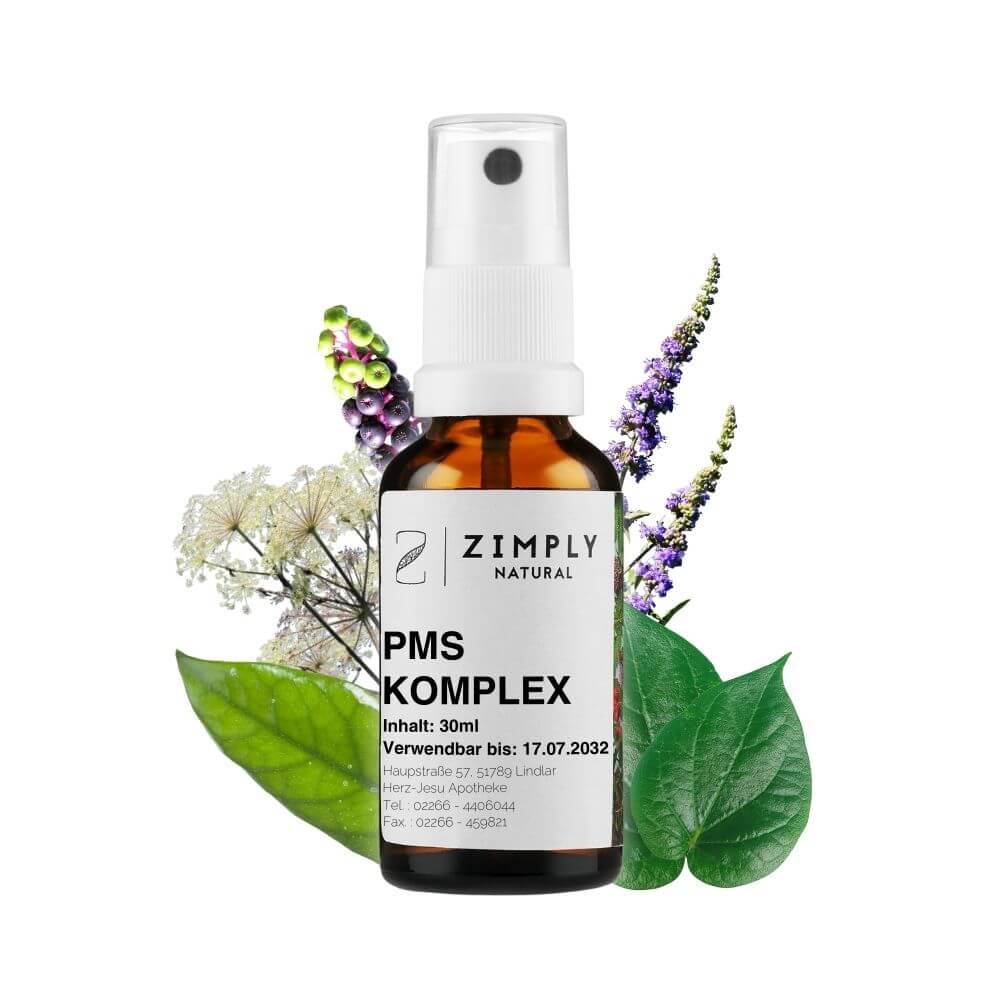 PMS complex as a brown flake with spraying head from Zimply Natural with medicinal plants in the background such as monk's pepper, angelica, coloquinte, shaggy yam, kermes berry, kava kava