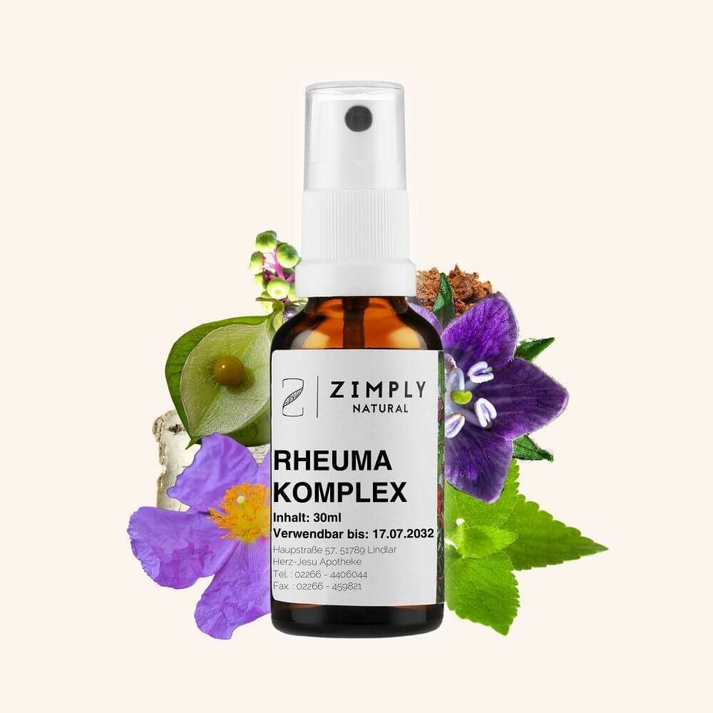 Rheumatism complex as a brown flake with spray head from Zimply Natural with medicinal plants in the background such as white birch, balloon plant, rockrose, mandrake, lemon balm, pokeweed, propolis, with beige background