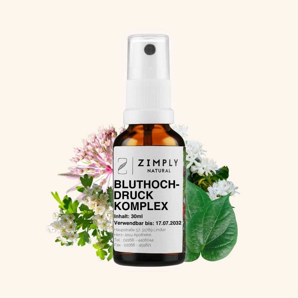 High blood pressure complex as brown flakes with spray head from Zimply Natural with medicinal plants in the background such as coffee bush, hawthorn, masterwort, kava kava, mistletoe, yohimbe with beige background