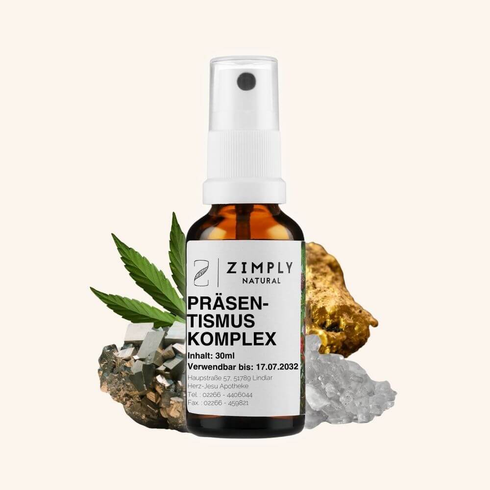 Presentism complex as a brown flake with spray head from Zimply Natural with medicinal plants in the background such as gold, hemp seeds, iron blue and sodium chloride with a beige background