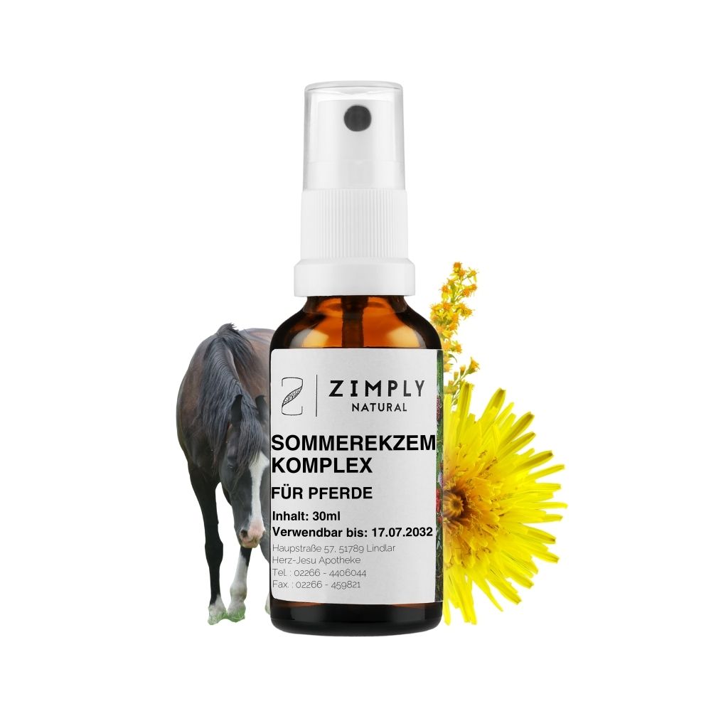Sweet itch complex for horses as a brown flake with spray head from Zimply Natural with a brown horse and medicinal plants in the background such as goldenrod, dandelion, Glauber's salt, sodium phosphate, small nettle
