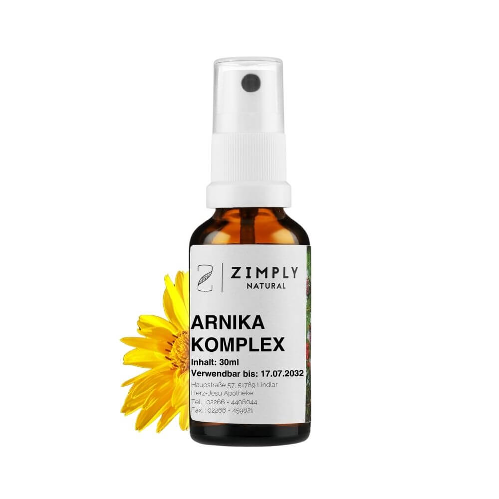 Arnica complex as brown flakes with spray head from Zimply Natural with arnica in the background