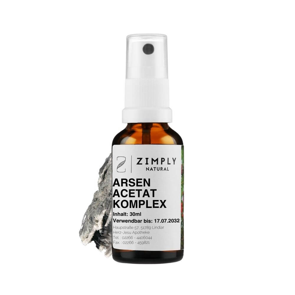 Arsen acetat Komplex als Braunes Flaeschchen mit Spruehkopf von Zimply Natural mit Arsen acetat im Hintergrund