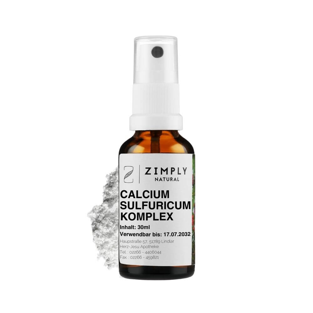 Calcium sulfuricum Komplex als Braunes Flaeschchen mit Spruehkopf von Zimply Natural mit Calcium sulfuricum im Hintergrund