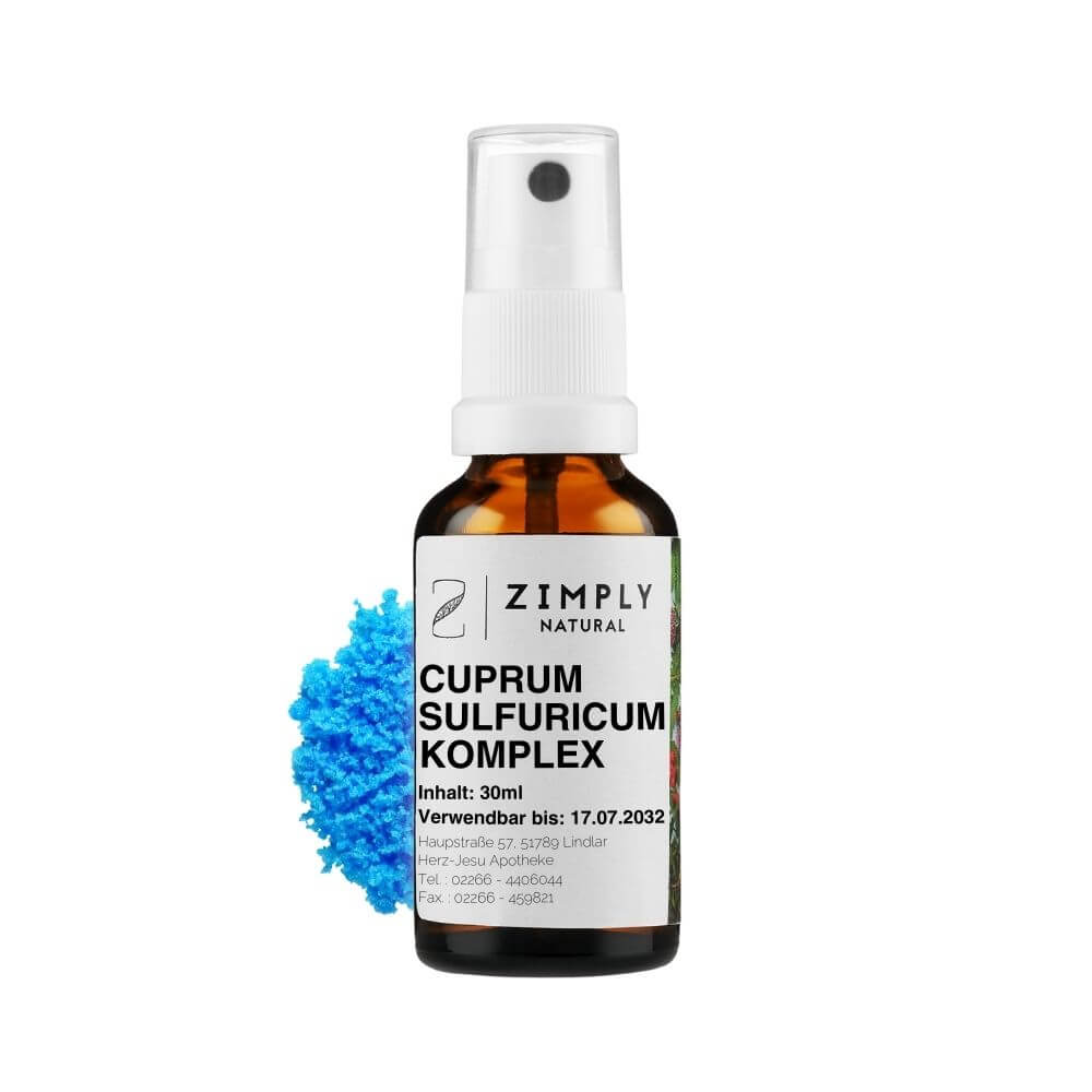 cuprum sulfuricum Komplex als Braunes Flaeschchen mit Spruehkopf von Zimply Natural mit cuprum sulfuricum im Hintergrund