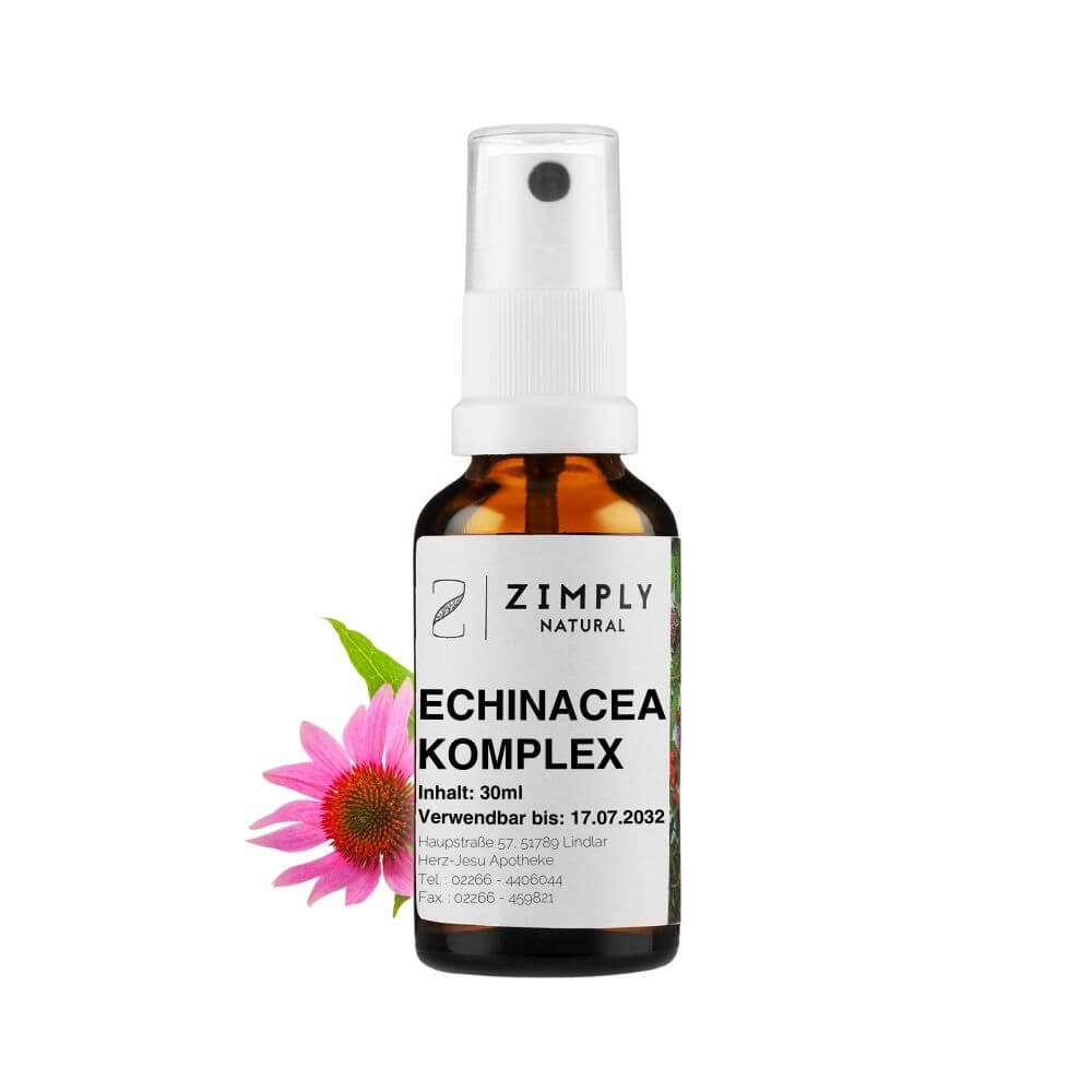 Echinacea Komplex als Braunes Flaeschchen mit Spruehkopf von Zimply Natural mit Echinacea im Hintergrund
