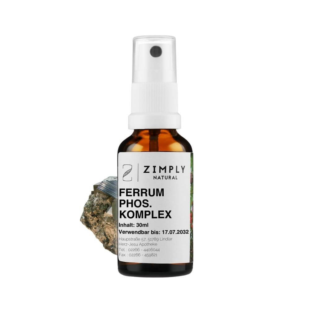 Ferrum phosphoricum Komplex als Braunes Flaeschchen mit Spruehkopf von Zimply Natural mit Ferrum phosphoricum im Hintergrund