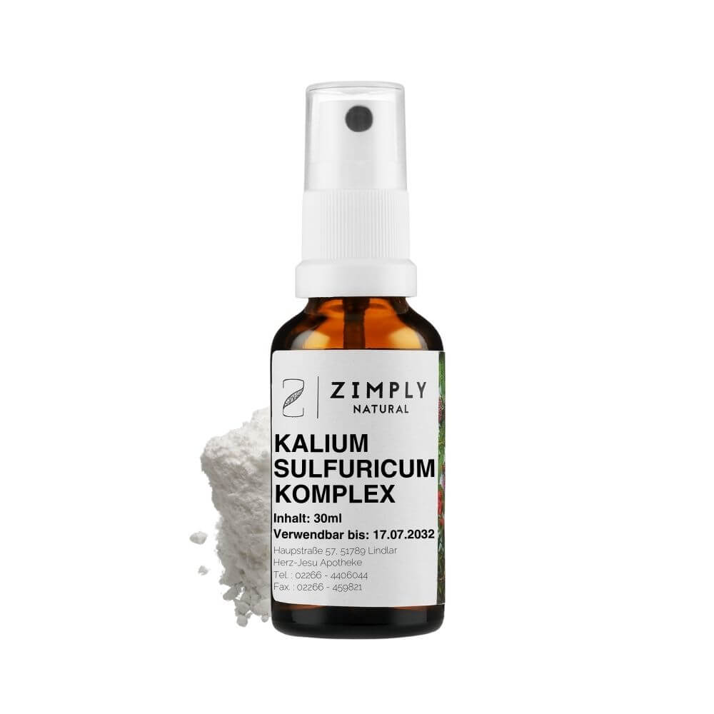 Kalium sulfuricum Komplex als Braunes Flaeschchen mit Spruehkopf von Zimply Natural mit Kalium sulfuricum im Hintergrund