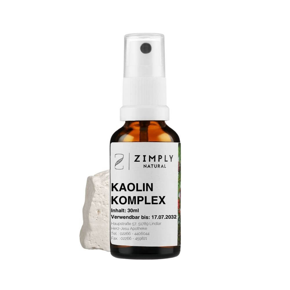 Kaolin Komplex als Braunes Flaeschchen mit Spruehkopf von Zimply Natural mit Kaolin im Hintergrund