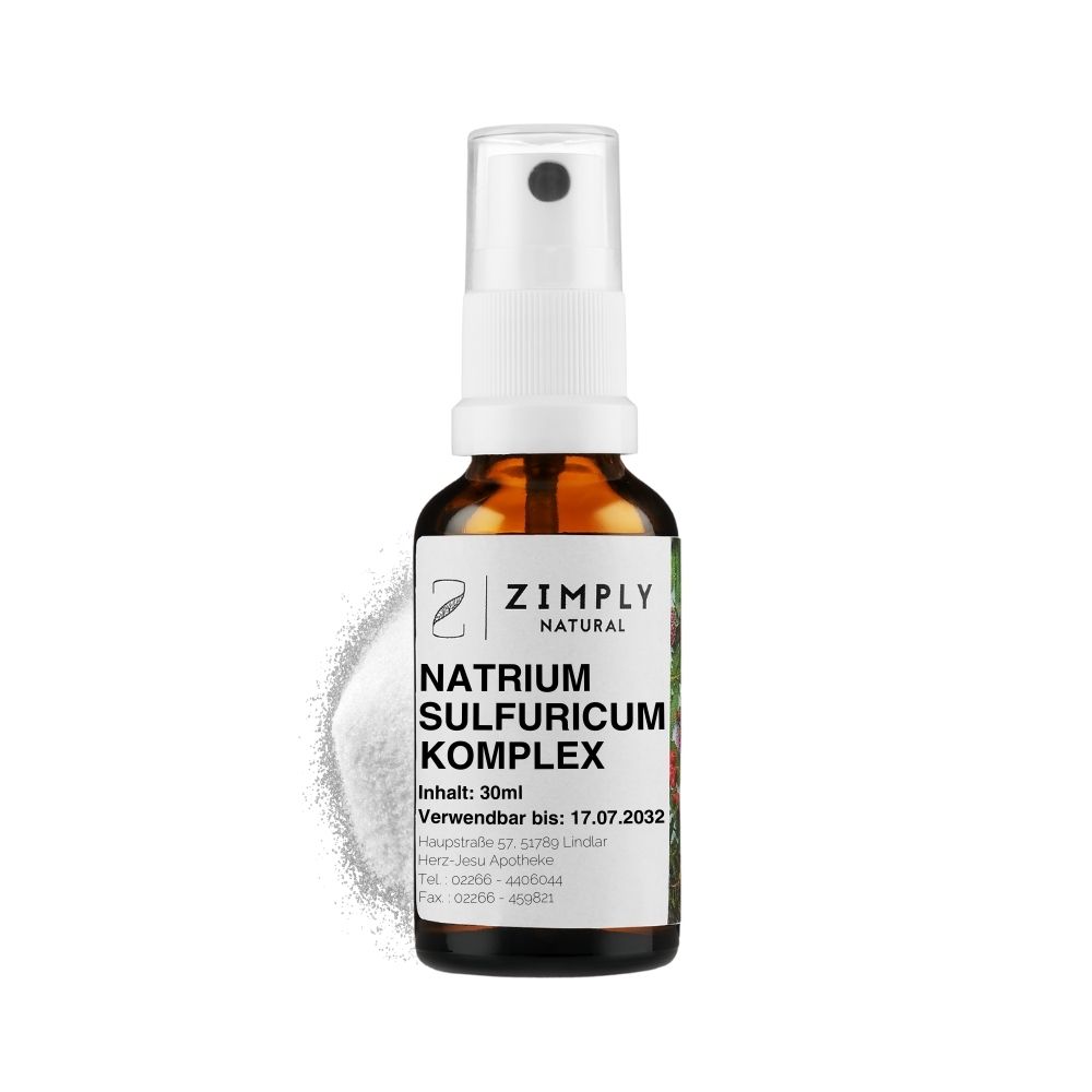 Natrium sulfuricum Komplex als Braunes Flaeschchen mit Spruehkopf von Zimply Natural mit Natrium sulfuricum im Hintergrund