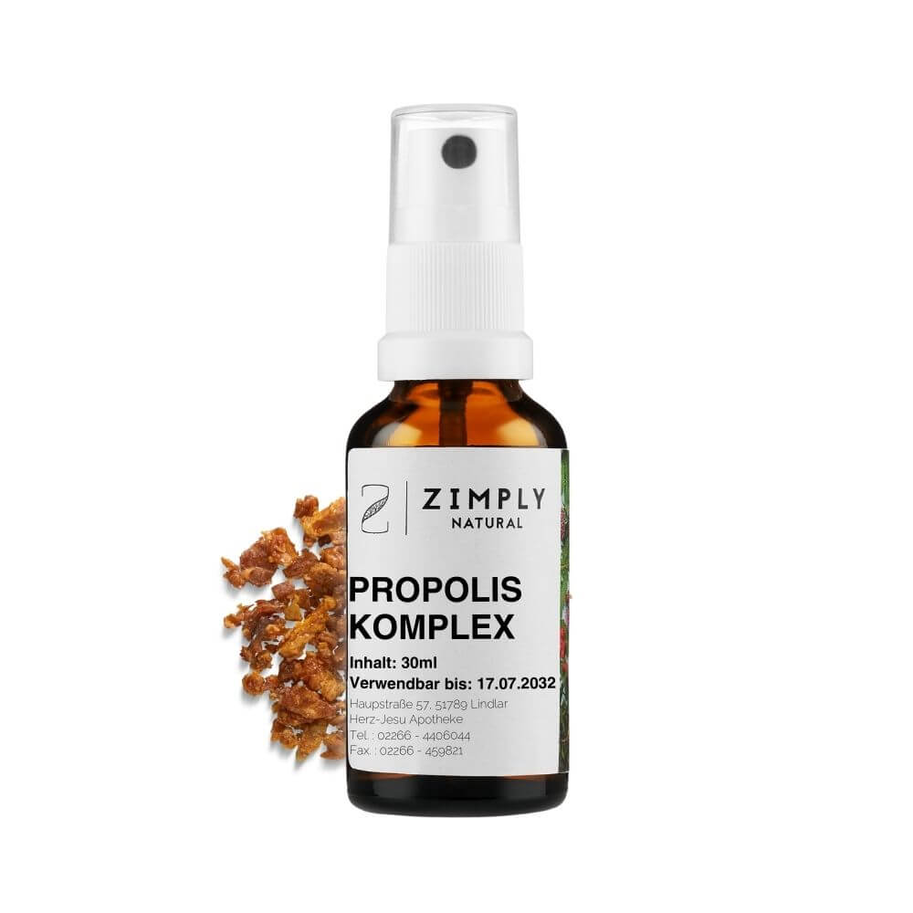 Propolis complex as a brown flake with spray head from Zimply Natural with a propolis in the background