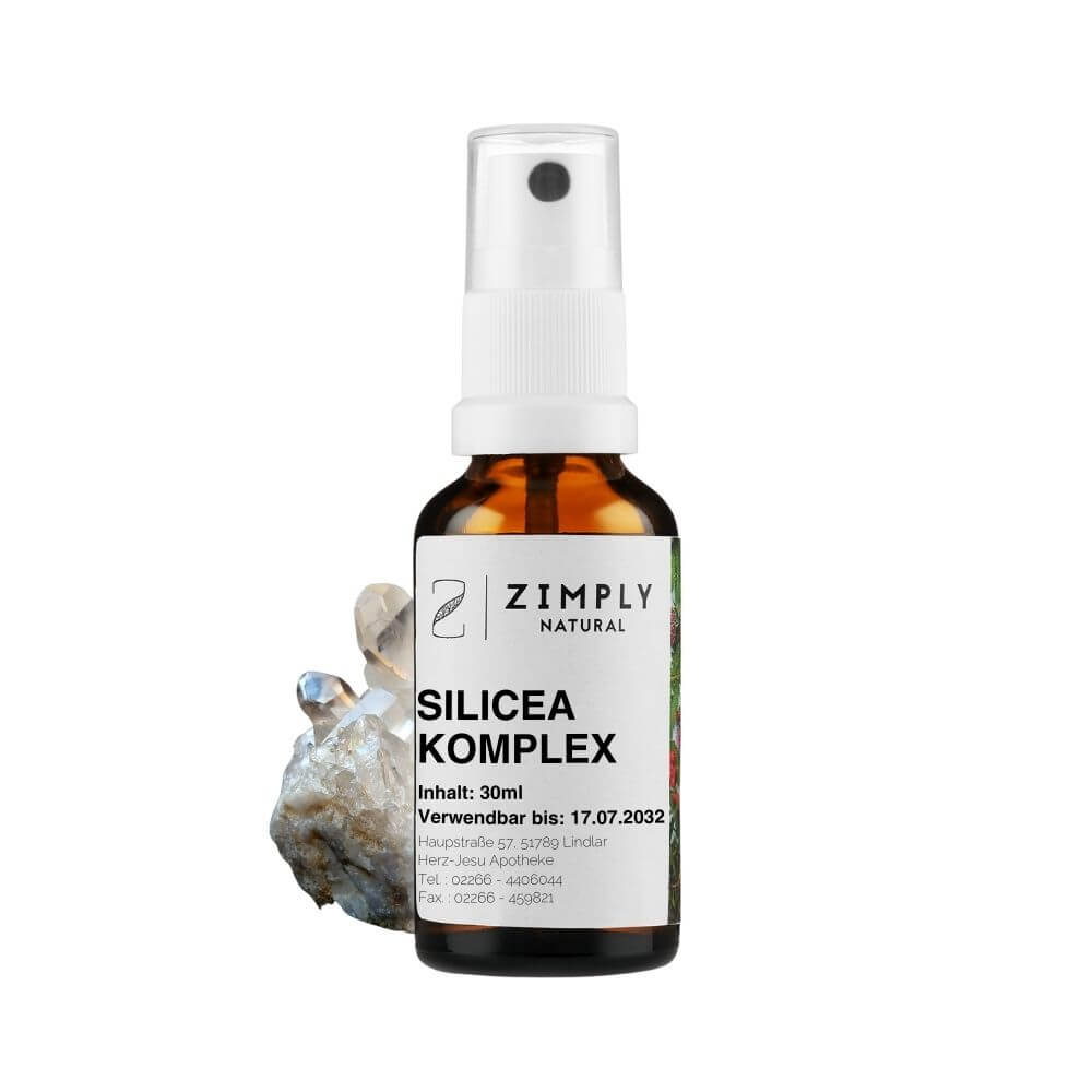 Silicea Komplex als Braunes Flaeschchen mit Spruehkopf von Zimply Natural mit Silicea im Hintergrund