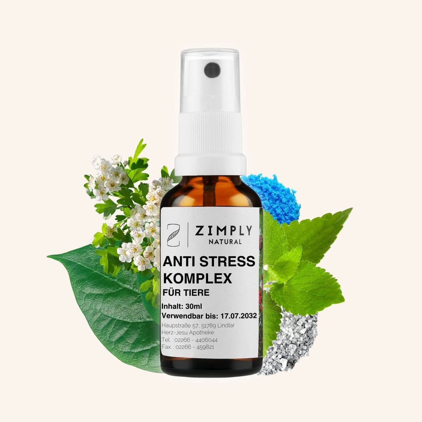 Complexe anti-stress pour animaux en flacon brun avec tête de pulvérisation de Zimply Natural avec les plantes médicinales kava kava, aubépine, cuprum sulfate, mélisse citronnée, Kalium phosphoricum sur fond beige.