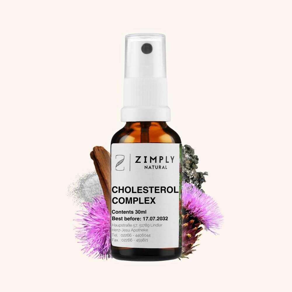 cholesterol complex in a brown glass bottle with spray head from Zimply Natural with plants in the background such as milk thistle. artichoke, cinchona, sodium sulfate, tin