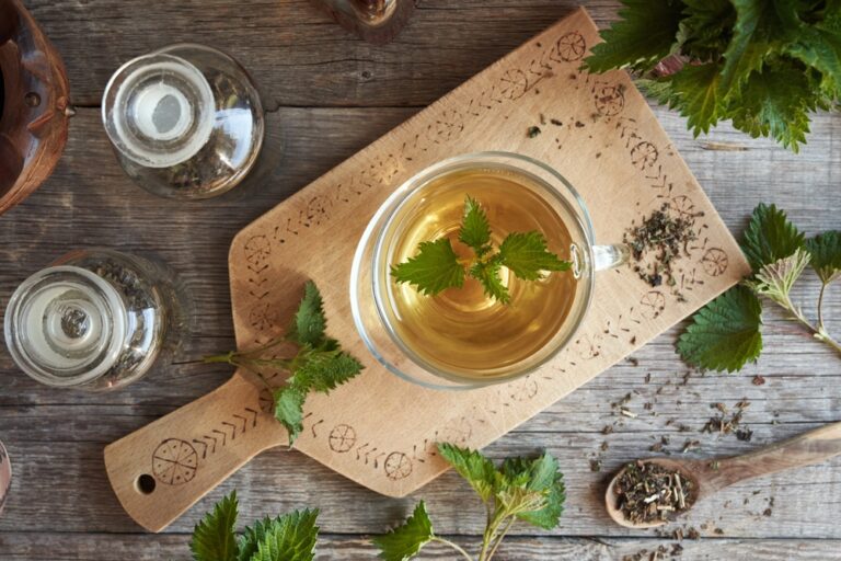 Thé d'ortie sur planche de bois, plantes médicinales