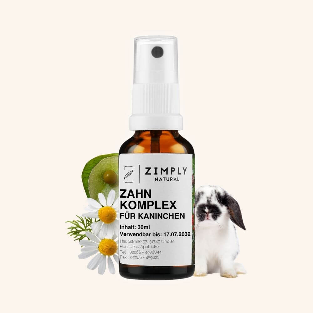 Tooth complex for rabbits as a brown flake with spray head from Zimply Natural with the medicinal plants heart seed and camomile